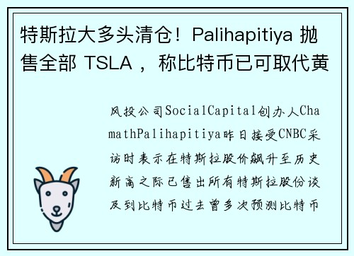 特斯拉大多头清仓！Palihapitiya 抛售全部 TSLA ，称比特币已可取代黄金