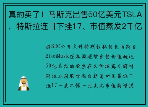 真的卖了！马斯克出售50亿美元TSLA，特斯拉连日下挫17、市值蒸发2千亿